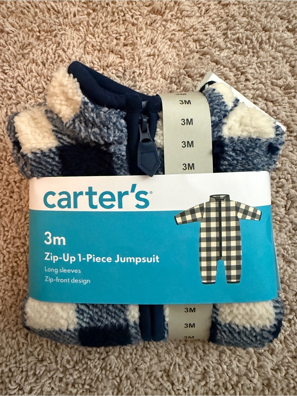Carter's Navy and Cream Plaid Plush Zip-Up Jumpsuit